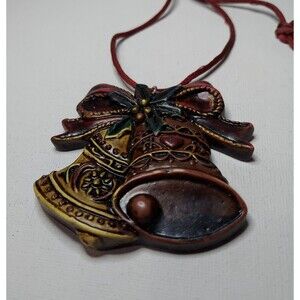 Christmas Bells Necklace Burgandy with goldtone accents on cord 27"